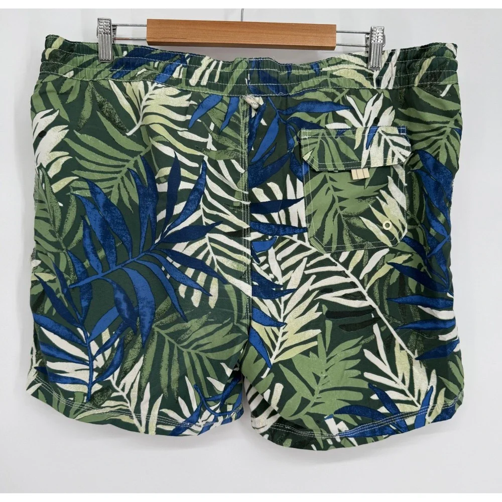Caribbean Joe Mens Green Blue Palm Leaf Tropical Swim Trunks Mesh Lined Sz M
